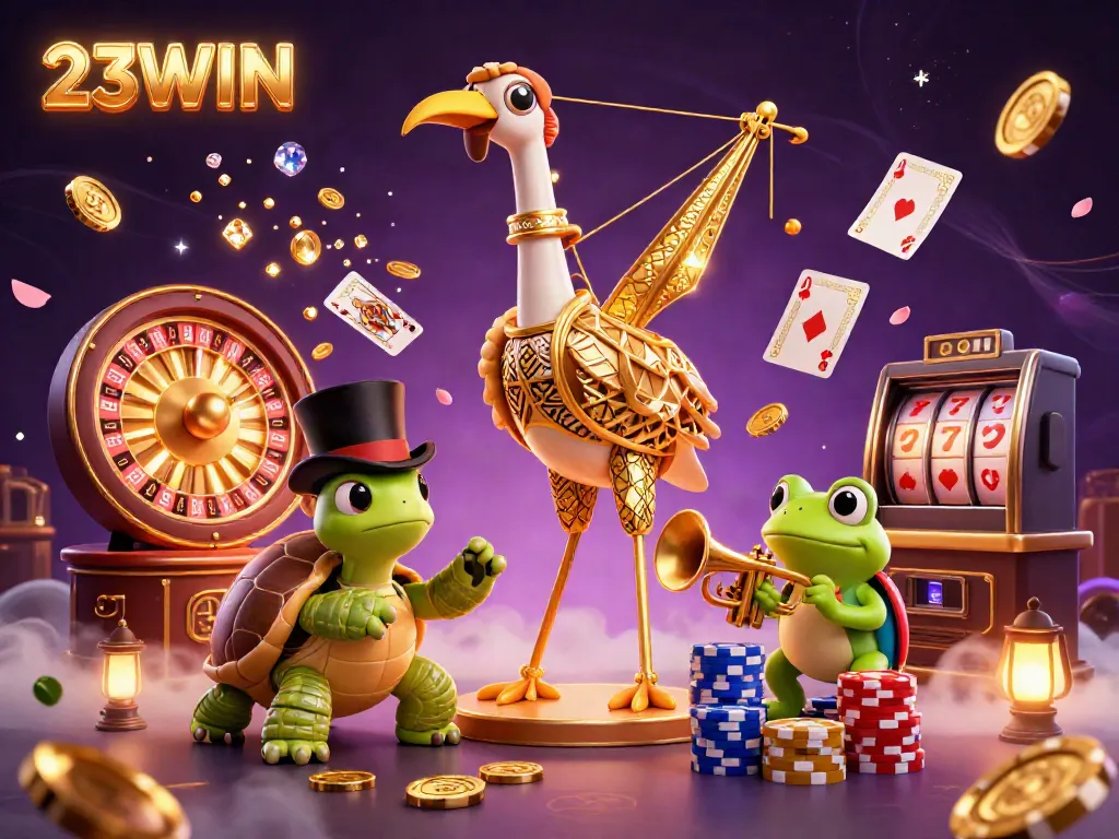 Experience the excitement of 23WIN as golden coins cascade around whimsical characters in a lively casino scene.
