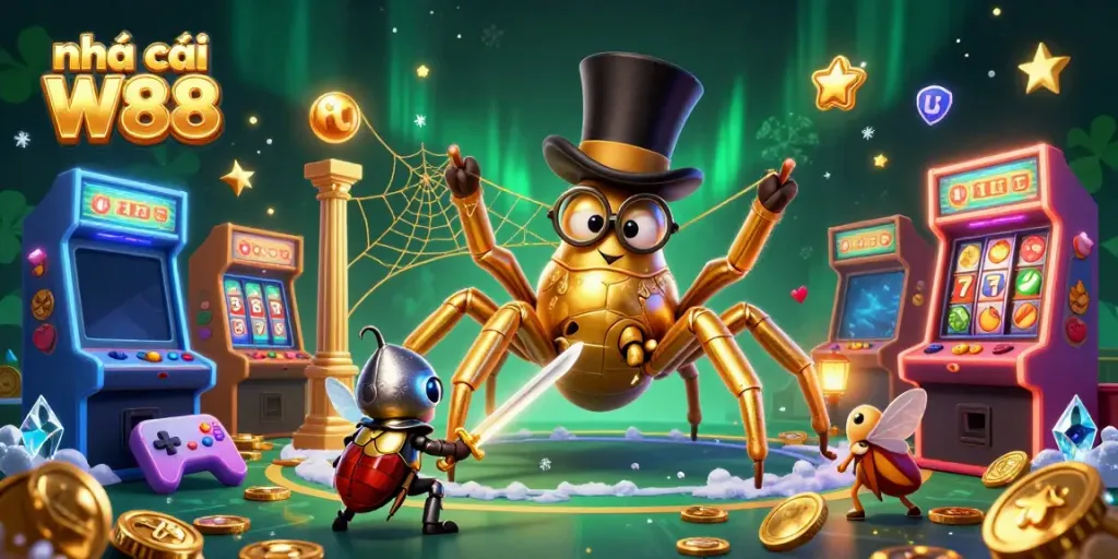 Embrace the excitement at nhà cái W88 with a vibrant 3D casino scene featuring a golden tarantula and beetle knight.