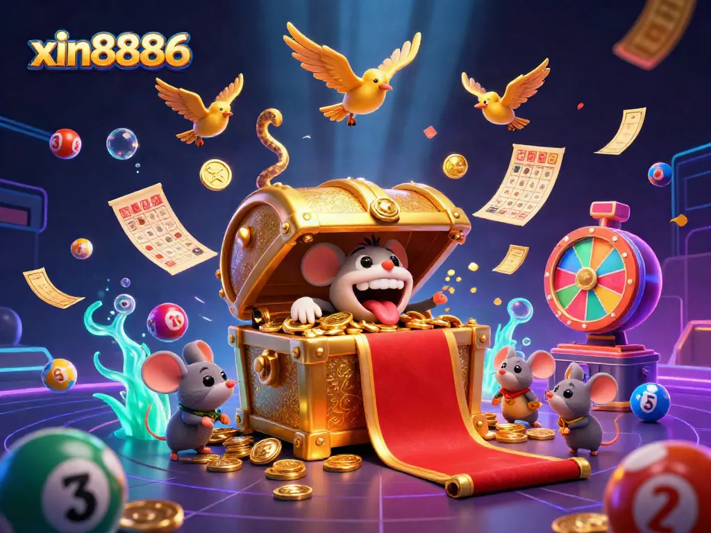 Experience the thrilling adventures of xin8886 as treasure-hunting mice interact with a golden treasure chest amidst colorful gaming elements.