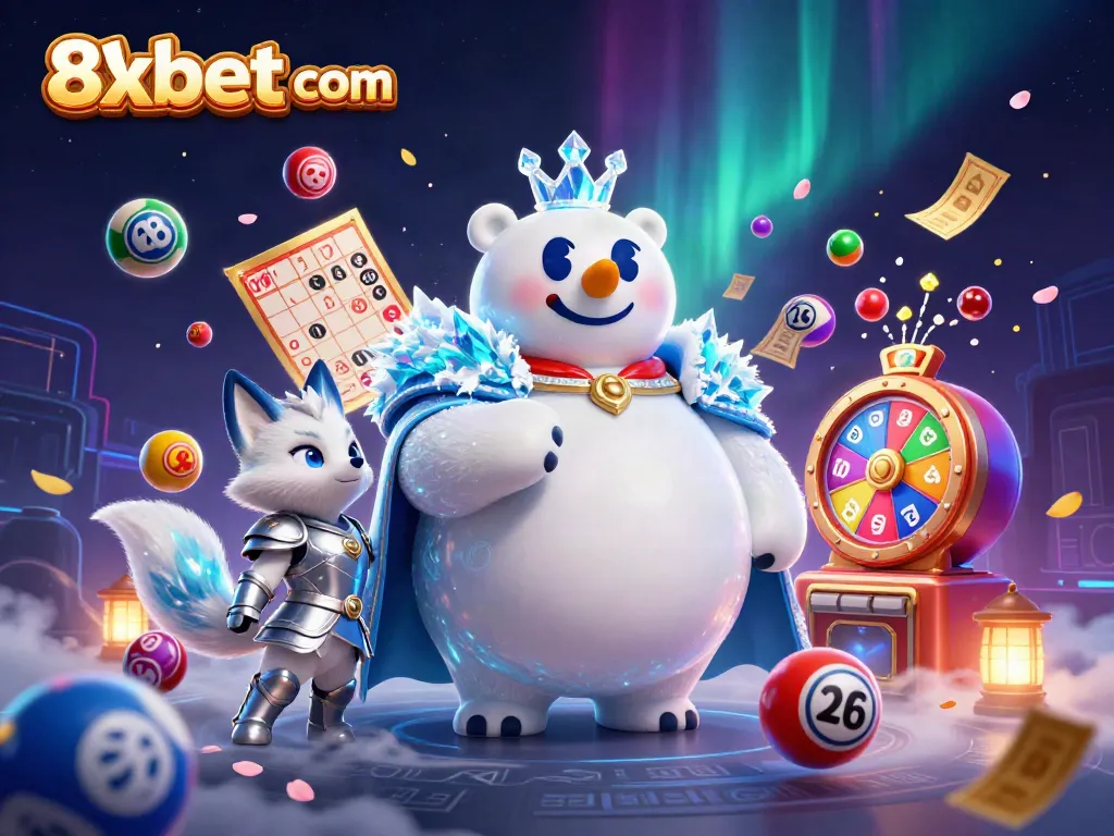 Win big with exciting features at 8xbet com, showcasing vibrant lottery elements and characters.