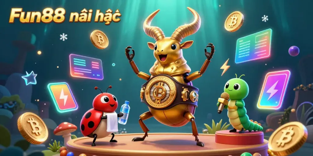 Engage with Fun88 mới nhất through an exciting 3D illustration of a giant golden stag beetle champion in a dynamic casino scene.