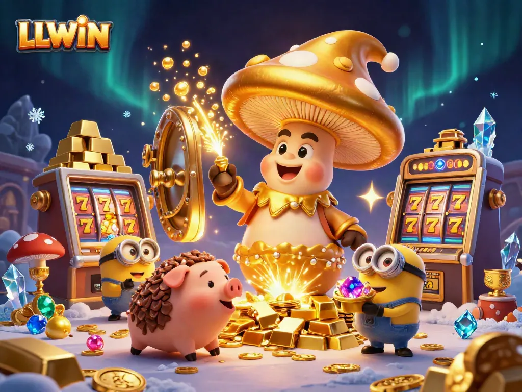 Experience thrilling gameplay at LLWIN with magical characters and golden treasure in this vibrant casino illustration.