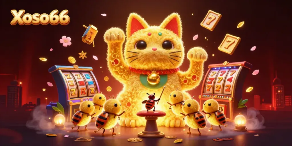 Experience Xoso66's vibrant world with golden fireflies and lucky cat symbols in a lively casino scene.