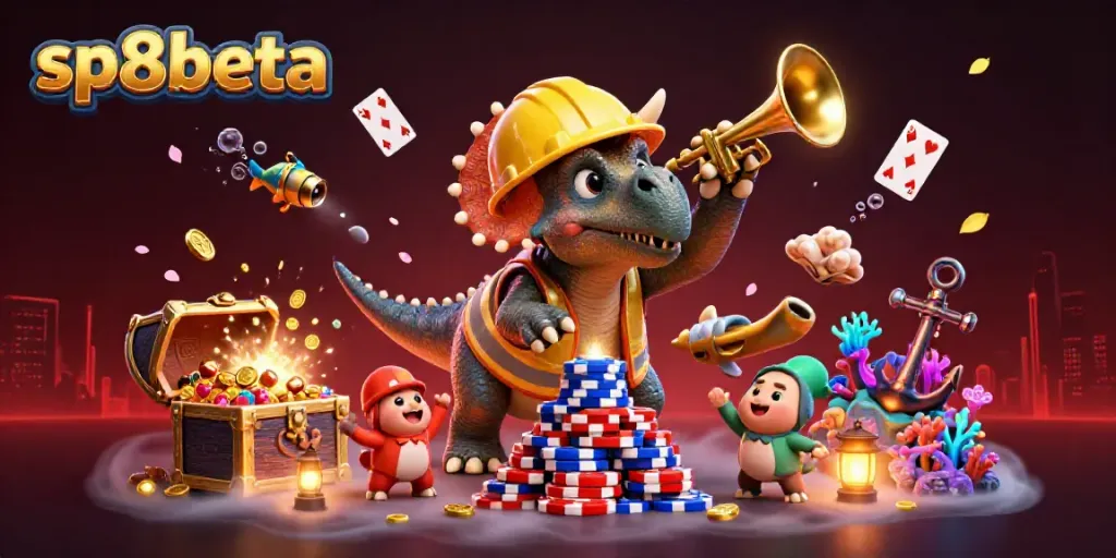 Engage in exciting gaming adventures with sp8beta featuring 3D dinosaur characters celebrating wins surrounded by casino elements.