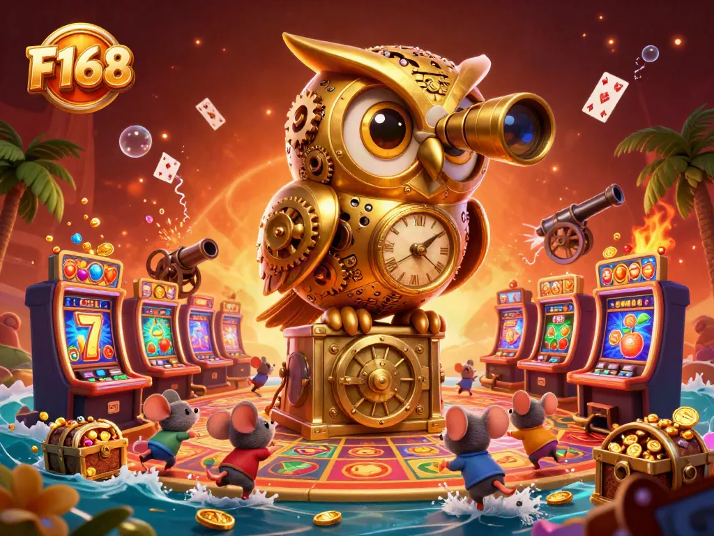 Experience the excitement of F168 with this vibrant casino scene featuring a golden owl and animated mouse patrons in a lively atmosphere.