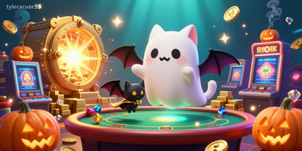Engage in thrilling gaming dynamics with tylecacuoc55 as the ghost cat and bat explore a vibrant casino.
