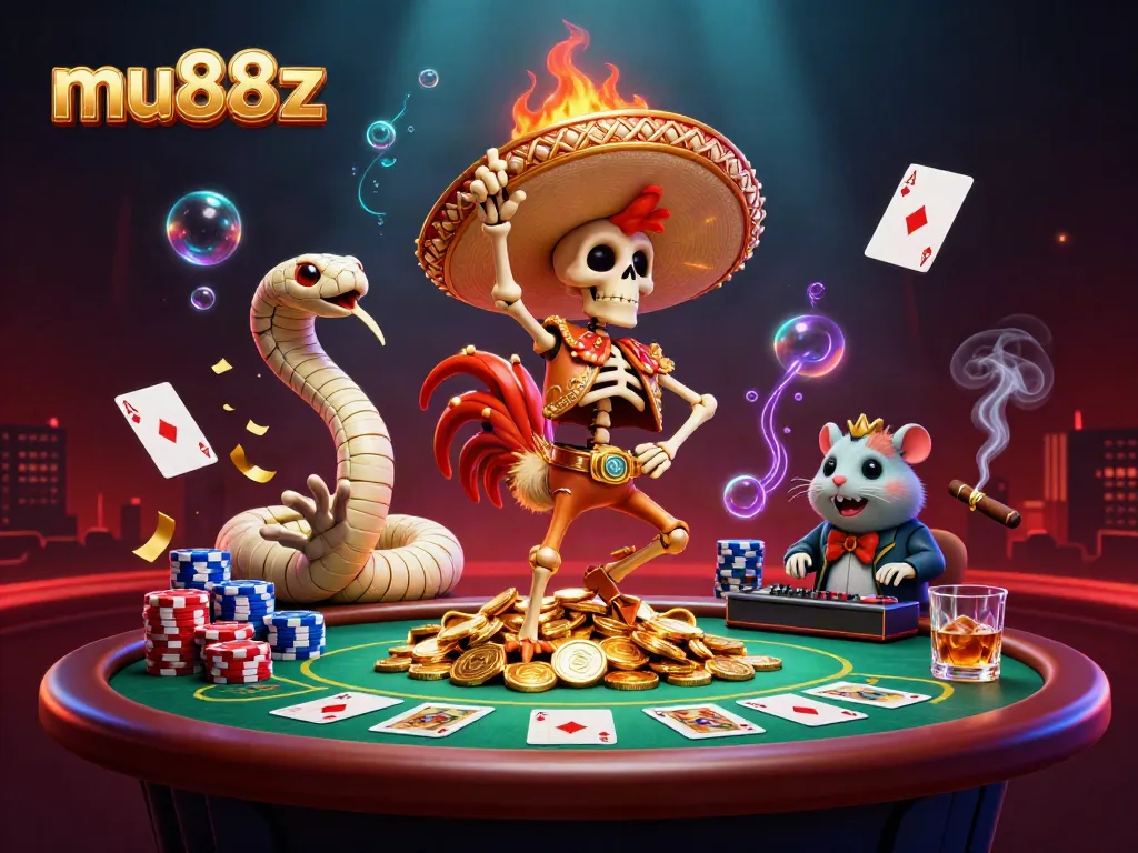 mu88z showcases a vibrant victory dance scene with characters, poker elements, and dynamic colors