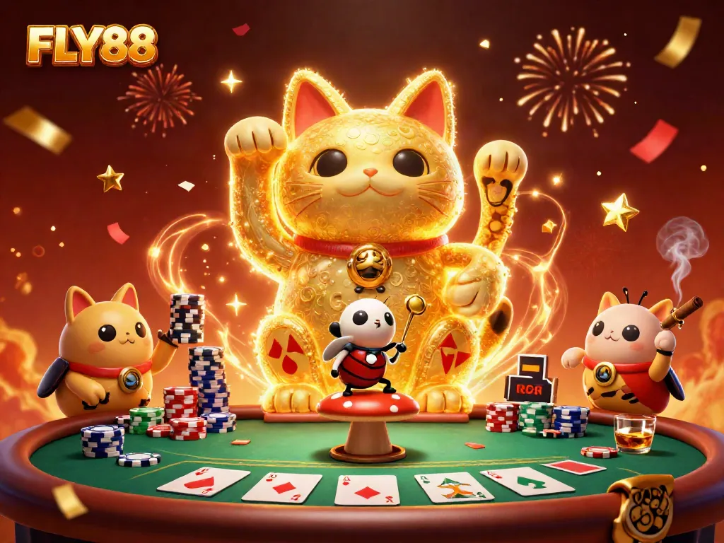 FLY88's golden lucky cat formed by magical fireflies celebrating with casino symbols in an exciting gaming atmosphere.