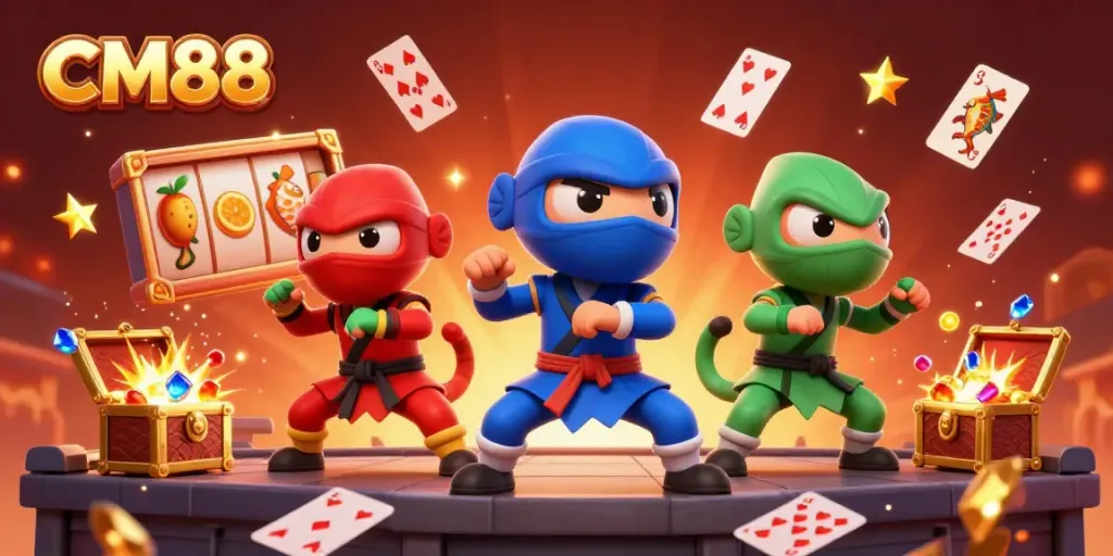 Experience thrilling action with CM88's ninja chameleons showcasing their skills amidst a vibrant casino backdrop.
