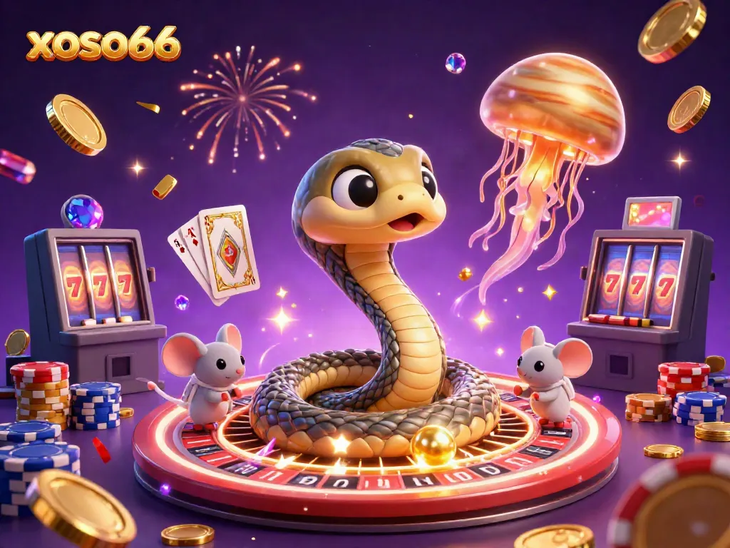 Experience the cosmic excitement of xoso66 with cartoon characters and spinning reels in a rich 3D casino scene.