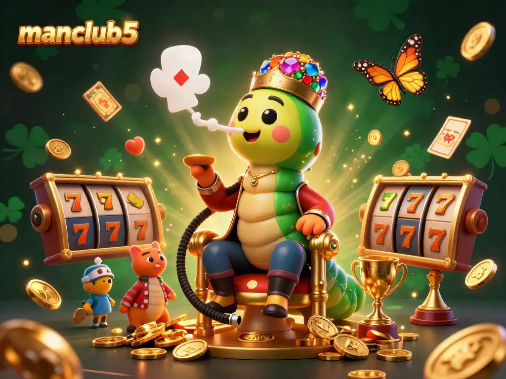 Experience thrilling slots excitement with manclub5 as a colorful caterpillar master entertains on a golden throne.