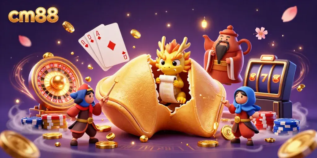 Experience the excitement of cm88 with a vibrant 3D casino scene featuring a golden fortune cookie and dynamic games.